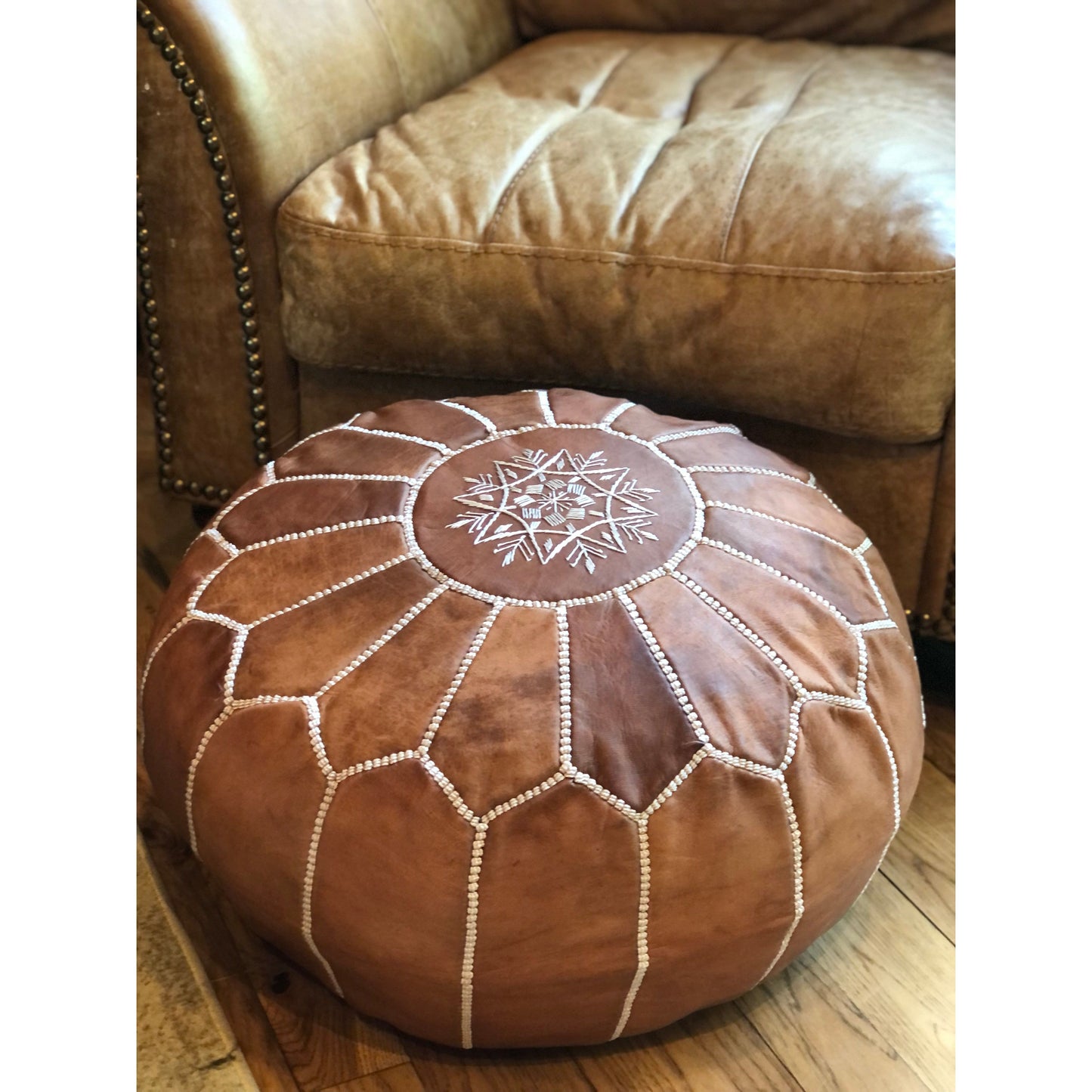 Light Brown Leather Pouf